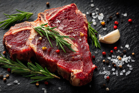 Raw T-bone beef steak seasoned with fresh rosemary, coarse salt, and peppercorns on a dark stone background. Perfect for gourmet cuisine concepts.