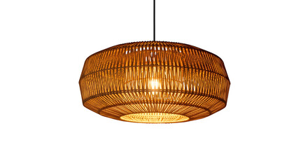 Warm glowing woven bamboo pendant light fixture hanging in darkness creating cozy atmosphere