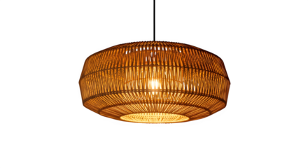 Warm glowing woven bamboo pendant light fixture hanging in darkness creating cozy atmosphere