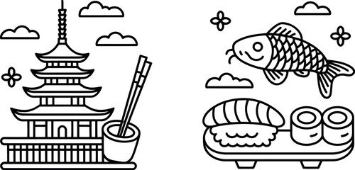 Illustrations of a Japanese pagoda, sushi, and a koi fish represent elements of Japanese culture and cuisine.