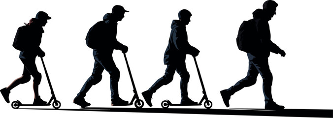 Silhouettes of four people riding scooters in a procession.