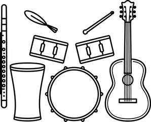 A collection of musical instruments including a guitar, drums, and flute.
