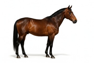 Fototapeta premium Elegant bay horse standing side profile isolated on white with clean studio shadow