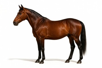 Obraz premium Elegant bay horse standing side profile isolated on white with clean studio shadow