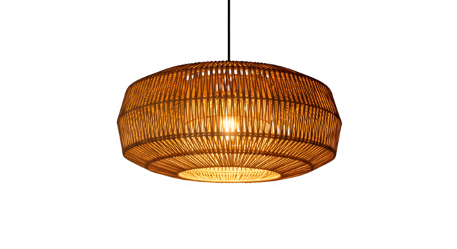 Warm glowing woven bamboo pendant light fixture hanging in darkness creating cozy atmosphere