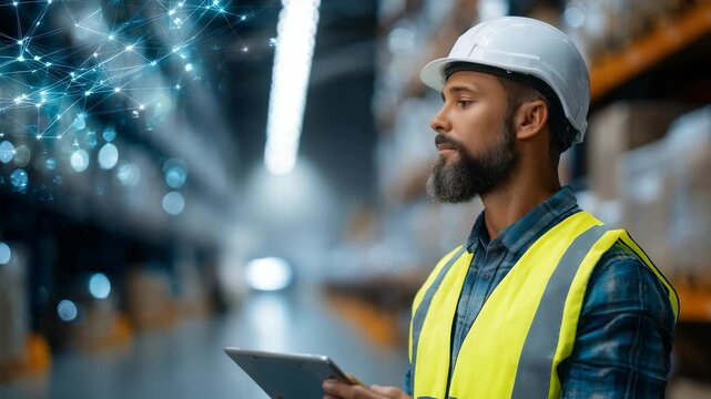 Focused male employee stands in a large warehouse, utilizing a tablet to optimize supply chain operations. Digital network overlay highlights the use of advanced technology in logistics and automation - Powered by Adobe