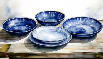 A watercolor still life of indigo blue bowls and plates on wood