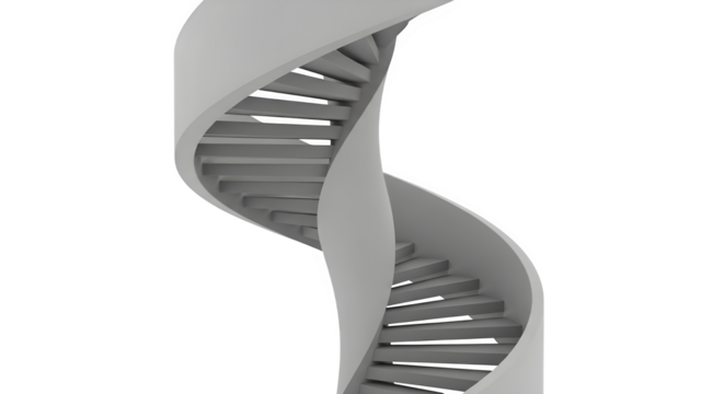 Abstract 3d rendering of a stylized dna double helix structure against a stark black background