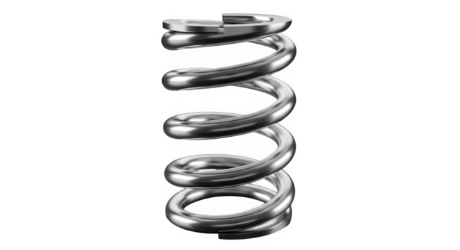 Close up studio shot of a shiny metallic compression spring isolated on a stark black background