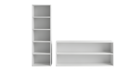 Two modern white modular shelving units one tall and narrow the other wide and short against a black background