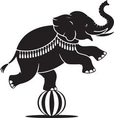 Circus elephant balancing on ball vector illustration, playful performing animal in black and white silhouette design, fun entertainment artwork symbolizing balance, talent, and showmanship