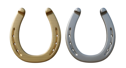 Two contrasting horseshoes one golden and one silver presented on a dark background symbolizing luck and fortune