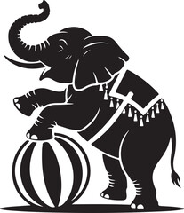 Black and white elephant performing circus trick, silhouette vector art