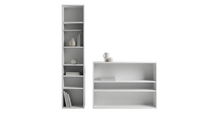 Modern white modular shelving units with decorative items and folded textiles against a black background
