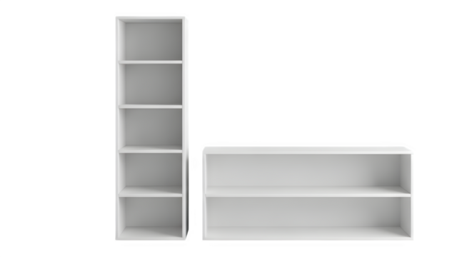 Two modern white modular shelving units one tall and narrow the other wide and short against a black background