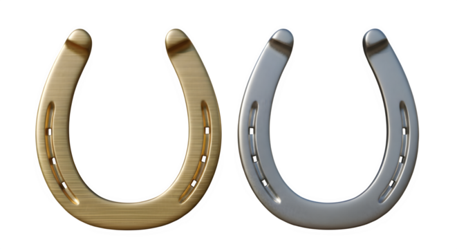 Two contrasting horseshoes one golden and one silver presented on a dark background symbolizing luck and fortune
