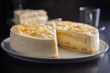 Sweet creamy cake on plate on black table.