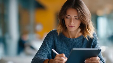 A concentrated young woman in a blue sweater works on a tablet with a stylus in a trendy coworking environment. The scene highlights modern digital creativity and professional remote work trends - Powered by Adobe