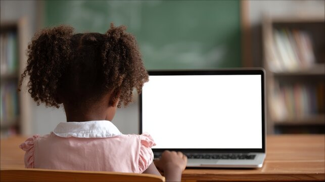 African junior school kid girl student using laptop computer with white blank empty mockup screen at desk in classroom. Online education class software website tech ads concept. Over shoulder view, n