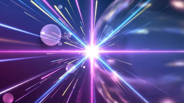 A vibrant burst of pink blue and yellow light rays emanate from a glowing faceted sphere amidst several translucent spheres against a blue-purple gradient background