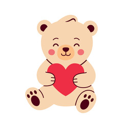 Cute Teddy Bear with Red Heart Symbolizing Love and Affection. Adorable Beige Plush Toy Illustration for Valentine’s Day, Romance, Family, and Gift Concepts in Soft Pastel Style
