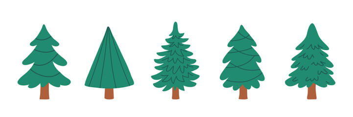 Christmas Tree Vector Set with Stylized Evergreen Shapes in Green Shades for Holiday, Nature, and Winter Design Projects. Clean minimal illustration for festive, forest, and eco seasonal themes