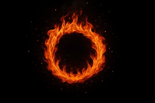 Fiery ring with glowing embers and smoke isolated on deep black dramatic background