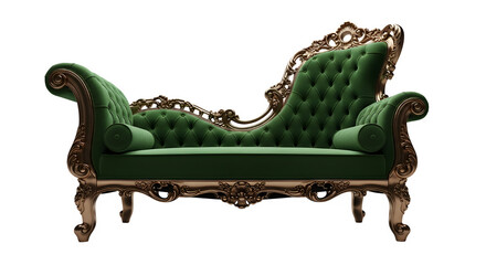 Elegant antique green velvet chaise lounge with ornate gold carved wooden frame isolated on black background