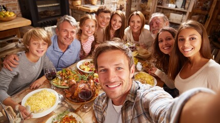 Obraz premium celebration, holidays and people concept - happy family having dinner party at home and taking selfie by smartphone, no logos, no brands