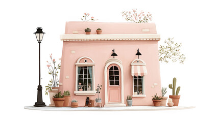 Obraz premium Small pink flower shop with plants and street lamp transparent background