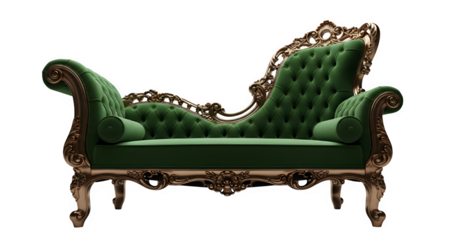 Elegant antique green velvet chaise lounge with ornate gold carved wooden frame isolated on black background - Powered by Adobe
