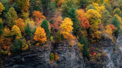 A beatuiful shot of colorful autumn tres on a cliffside in Letchworth Park, New York, no logos, no brands