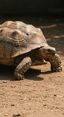 Obraz premium A large, slow-moving reptile, a tortoise, crawls across the dusty ground in an outdoor zoo enclosure during the daytime ,scales ,dusty ,habitat