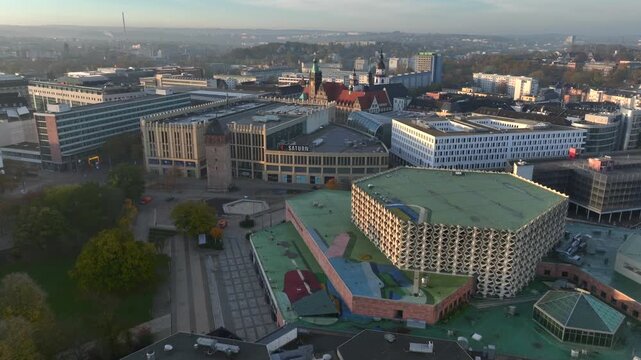 Chemnitz Townhall and Market Square. Chemnitz Rathaus in Saxony, Eastern Germany. Aerial Sunrise Time Soft Light.