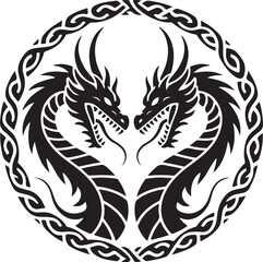 Twin fantasy dragons intertwined in circular tattoo pattern