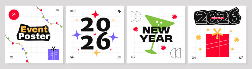 Set of creative New Year 2026 posters with bold typography, grid layout, gift boxes, sparkles, and cocktail icons in a fun geometric graphic style.