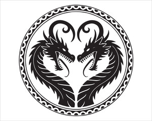 Powerful mythical dragon pair illustration in decorative tribal style