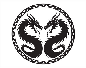 Tribal twin dragon circular tattoo design in black and white vector art