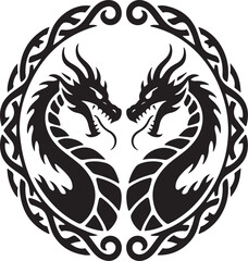 Twin dragons facing each other in circular tribal pattern, powerful black and white mythical creature illustration, fantasy tattoo style vector design symbolizing strength, balance, and energy