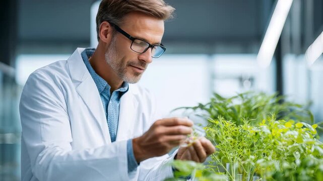 A male researcher in a white lab coat studies plant growth in a high tech lab, highlighting scientific progress in agriculture. The scene emphasizes eco friendly innovation and biotechnology research