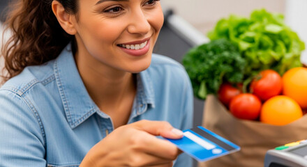 Close-up: Smiling, Satisfied Woman Paying for Grocery Purchases