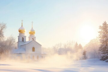 Obraz premium Snow-Covered Orthodox Church with Golden Domes in Peaceful Winter Morning