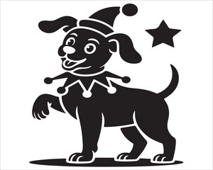 Funny performing puppy mascot in black and white circus art style