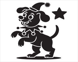 Cheerful cartoon dog dressed as circus clown standing playfully with star, black and white vector illustration of performing puppy mascot, cute animal design for children’s art and entertainment brand