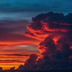 Fototapeta premium Majestic and vibrant clouds illuminated by the setting sun, creating a powerful gradient of deep reds, oranges, and calming twilight blues. Natural beauty ,yellow ,sky ,vibrant