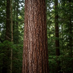 Obraz premium Rough bark texture covering the massive, vertical trunk of an old-growth tree standing tall within a dense temperate forest, dark, trunk, material