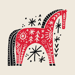 Boho tribal celestial ornate red fire horse character vector hand drawn illustration. Modern folk patterned 2026 New Year holiday symbol animal in Scandinavian style. Floral Slovak ornamental