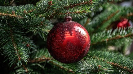 Fototapeta premium Bauble Ornament in a real Christmas tree in bright color, no logos, no brands