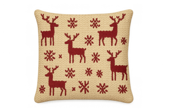 Knitted christmas cushion with reindeer and snowflake pattern, celebrating winter holidays and festive season