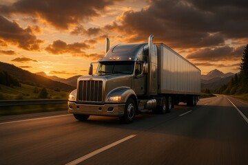 Long haul cargo truck drives along mountain freeway at golden sunset with motion blur